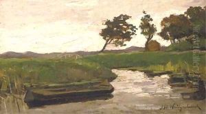 A praam in a polder landscape by Johan Hendrik Weissenbruch