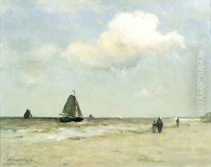 Bomschuiten at sea on a cloudy day by Johan Hendrik Weissenbruch