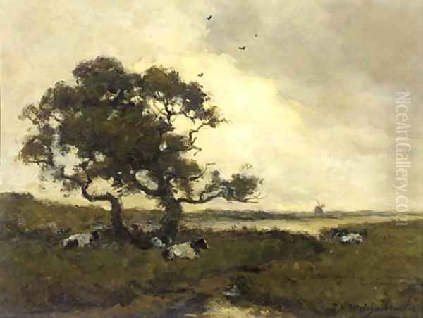 Cattle resting under a tree in a polder landscape - view 1