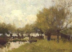 Cows under willows by a pond by Johan Hendrik Weissenbruch