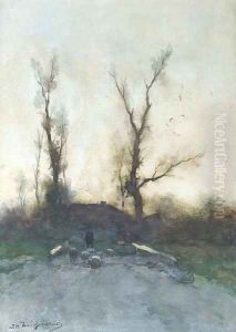 Early morning a shepherd guiding his flock by Johan Hendrik Weissenbruch