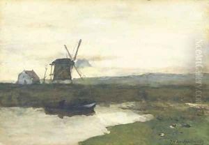 A windmill in a polder landscape by Johan Hendrik Weissenbruch