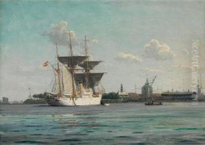 Dreimaster-segelschiff Mit Danischer Flagge In Einem Hafen