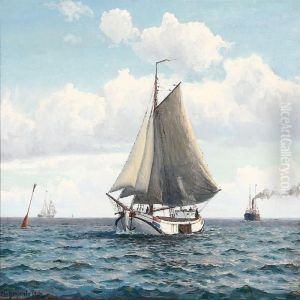 Seascape With Ships On Open Sea by Christian Benjamin Olsen