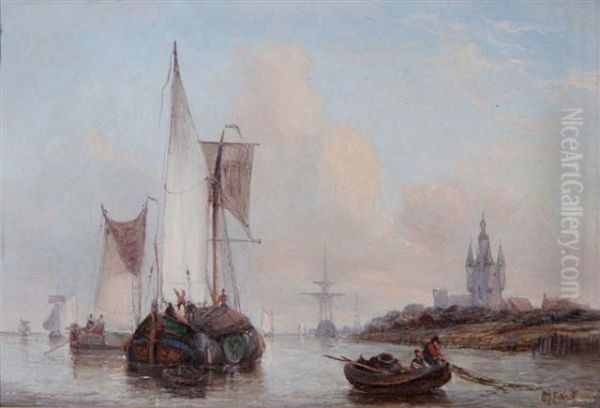 Sailing Barges In Full Sail In A Calm Off A Continental Coast - view 1