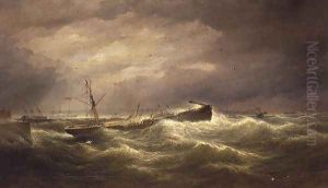 Liverpool from the North End Docks, a Sailing Vessel at Anchor in Distress on the Mersey by Samuel Walters