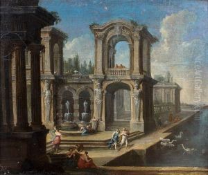 Caprices Architecturaux : Femmes
 Se Reposant Au Bord D'un Bassin Devant Un Palais Classique by Stefano Orlandi