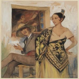 Spanish Street With A Gentleman Smoking A Cigarette And Flirting With A Woman by Allan Osterlind