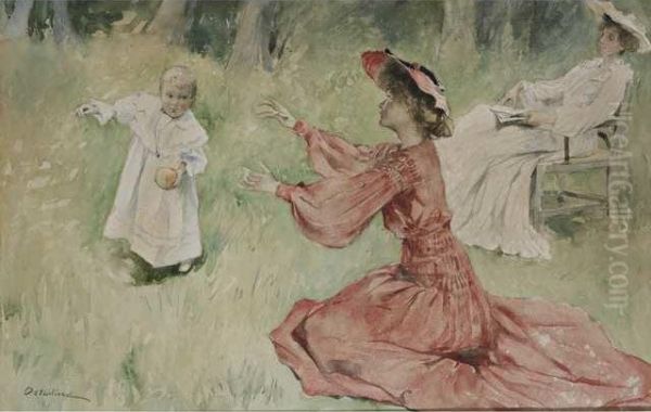 Deux Femmes Assie Et Enfant Jouant - view 1
