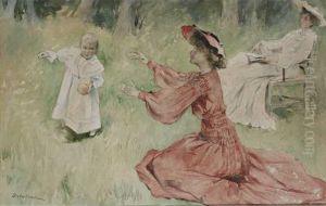 Deux Femmes Assie Et Enfant Jouant