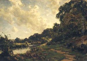 A wooded River Landscape by Jose Weiss
