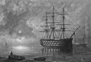 A Royal Navy Three-decker At Anchor By Moonlight With A Paddle Steamer Beyond by Philip John Ouless