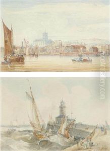 Bustling Activity On The Thames, A Boatyard With A Ship On The Stocks Beyond Bustling Activity On The Thames, A Boatyard With A Ship On The Stocks Beyond