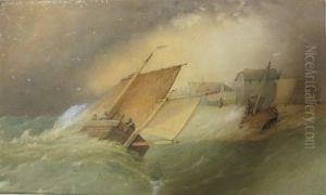 Sailing Boats In Stormy Seas by Samuel Owen