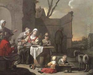 The courtyard of a country inn with peasants eating and drinking by Abraham Willemsens