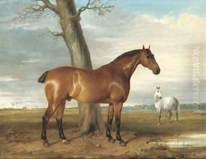 A chestnut and a gray in an extensive river landscape by Thomas Woodward