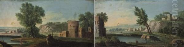 A) Paesaggio Con Fiume, Torre Sulla Sinistra E Viandanti - view 1