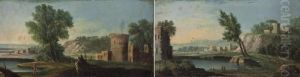 A) Paesaggio Con Fiume, Torre Sulla Sinistra E Viandanti by Michele Pagano