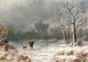 A villager and his dog in a winter landscape by Anthonie Jacobus van Wyngaerdt