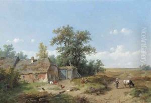 Figures by a farmhouse on the heath by Anthonie Jacobus van Wyngaerdt