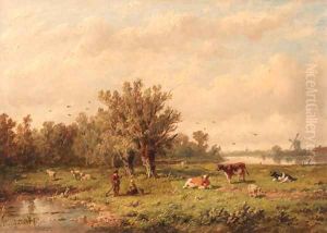 A landscape with a peasant couple and cattle by Anthonie Jacobus van Wyngaerdt