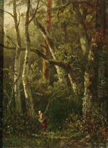 A woman picking berries in the woods by Anthonie Jacobus van Wyngaerdt