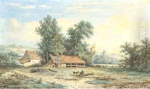 A peasant girl feeding a goat by a farm by Anthonie Jacobus van Wyngaerdt