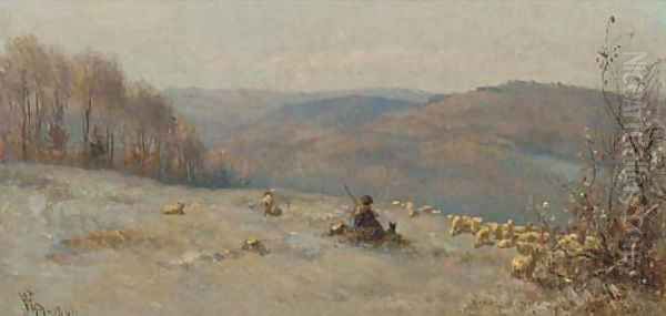 A shepherd and his flock on a hill side - view 1