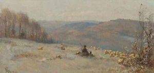 A shepherd and his flock on a hill side by Anthonie Jacobus van Wyngaerdt