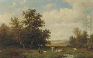 Figures and cattle in a sunlit meadow by Anthonie Jacobus van Wyngaerdt