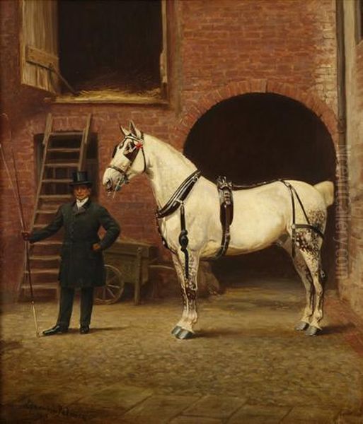 Harnessed Grey Horse With Attendant Coachman - view 1