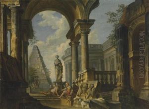 A Capriccio Of Roman Ruins With Soldiers Resting In The Foreground by Giovanni Niccolo Servandoni
