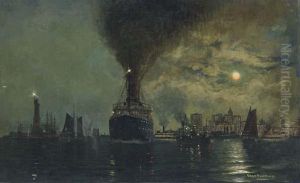 A North German Lloyd Ship Passing The Statue Of Liberty In New York Harbor At Moonlight by Fred Pansing