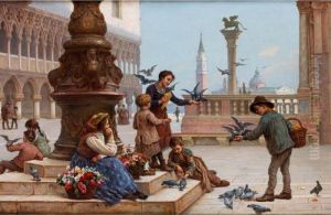 Tauben Futternde Kinder by Antonio Paoletti