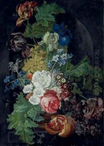 Tulips, irises, morning glories and other flowers in an urn, with grapes and a pomegranate, in a stone niche by Sebastian Wegmayr