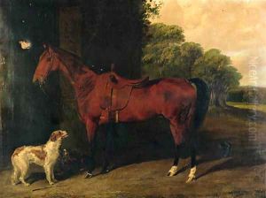 A Saddled bay Hunter, with dogs outside a stable by Byron Webb