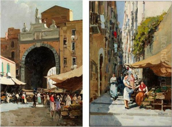 Markttreiben Vor Einem Stadttor Einer Italienischen Stadt Sowie Marktstande - view 1