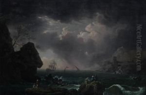A Stormy Coastal Landscape, With Figures On Rocks In The Foreground