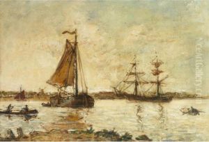 Ships In Harbour Near Honfleur by Charles Francois Pecrus