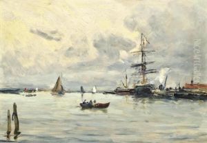 Bustling Activity In A Normandy Port by Charles Francois Pecrus