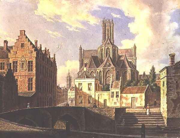 Town View with Figure fishing in a Canal - view 1