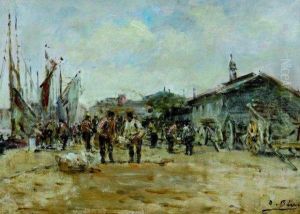 Le Port De Honfleur Anime. by Charles Francois Pecrus