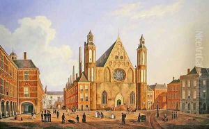 The Binnenhof in the Hague with a View of the Ridderzaal with Soldiers and other Figures in the Courtyard by Augustus Wynantsz