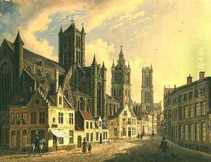 Town View with Figures on a Cobbled Street by Augustus Wynantsz