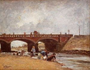 Laveuses Au Bord De La Touques, A Trouville by Charles Francois Pecrus
