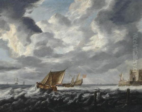Peeters, The Elder An English Man-o'war At Anchor Off A Fortified Headland Surrounded - view 1