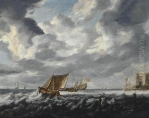Peeters, The Elder An English Man-o'war At Anchor Off A Fortified Headland Surrounded