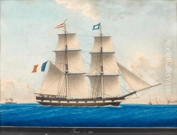 Vue De Travers, Tribord Armure 
Par Mer Calme De La Corvette <fame> Sous Voile, Se Dirigeant Vers Le 
Port Fortifie De Marseille - view 1