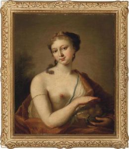 Portrait Of A Lady As Summer,
Bust-length, Wearing An Orange Robe Over One Shoulder, Holding A Basket
Of Fruit by Giovanni Antonio Pellegrini
