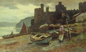 A mother and child before beached fishing vessels